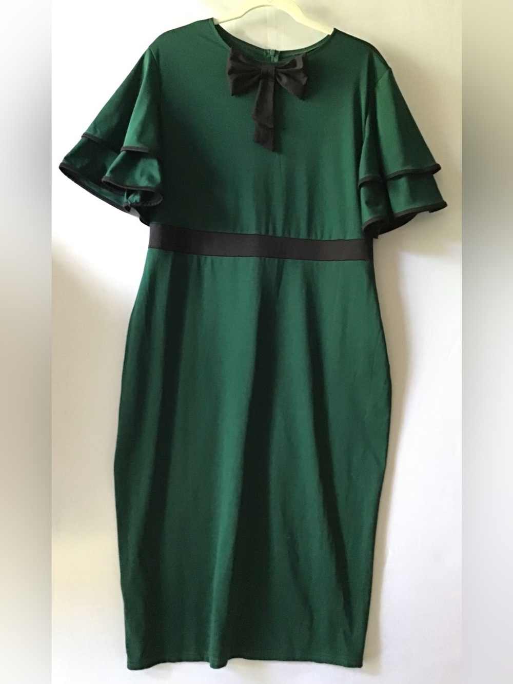 401 Forest Green Midi Sheath Dress with Black Trim and Bow